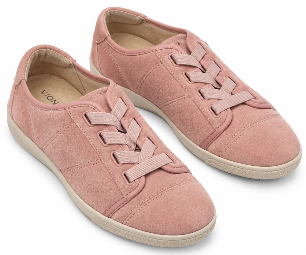 Vionic Jean Women 7 Wide Pink Suede Sneakers Comfort Walking Shoes Elastic Lace